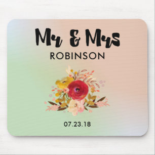 Pretty Floral Watercolor Bouquet Wedding Mr & Mrs Mouse Mat