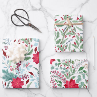 Pretty floral watercolor glitter red poinsettia wrapping paper sheet