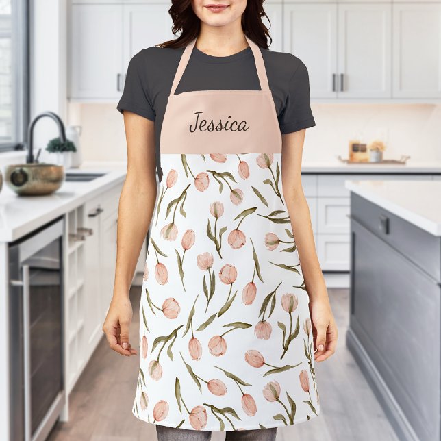 Pretty Floral Watercolor White Peach Custom Name Apron (Peach and white watercolor tulip floral custom name apron)