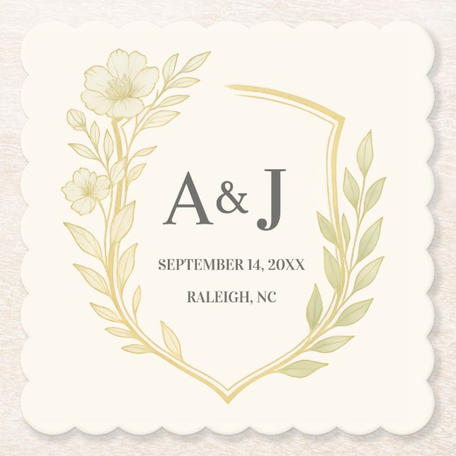 Pretty Floral Wedding Crest Monogram Laurel Wreath Paper Coaster (Front)