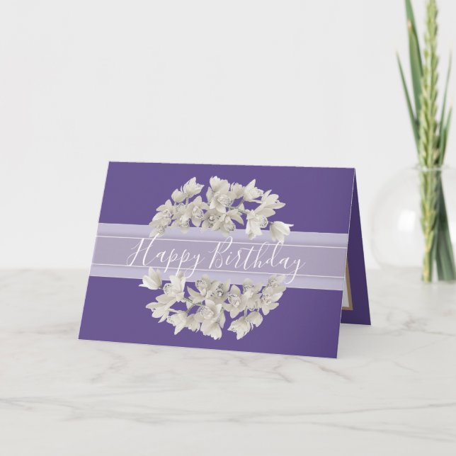 Pretty Floral White Orchid Flower Bouquet Birthday Card (Front)