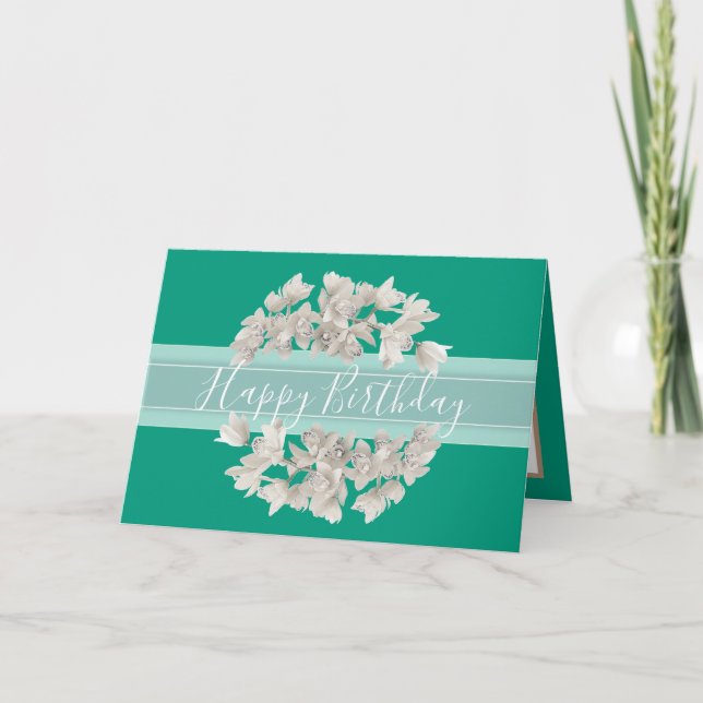 Pretty Floral White Orchid Flower Bouquet Birthday Card (Front)
