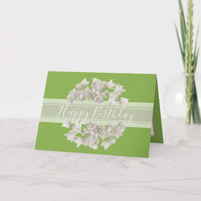 Pretty Floral White Orchid Flower Bouquet Birthday Card (Front)