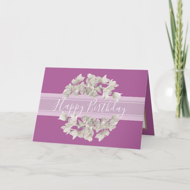 Pretty Floral White Orchid Flower Bouquet Birthday Card (Front)