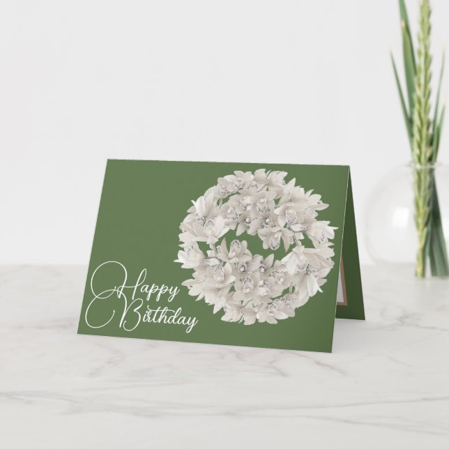 Pretty Floral White Orchid Flower Garland Birthday Card (Front)