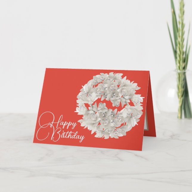 Pretty Floral White Orchid Flower Garland Birthday Card (Front)