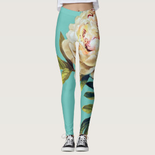 Pretty floral White rose and teal Leggings