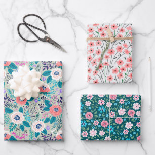 Pretty Floral Wildflowers Wrapping Paper Set of 3