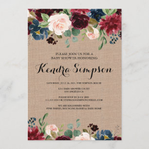 Pretty Floral Wreath Burlap Baby Shower Invitation