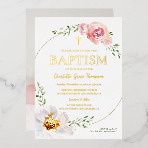 Pretty Floral Wreath Gold Cross Baptism Photo Foil