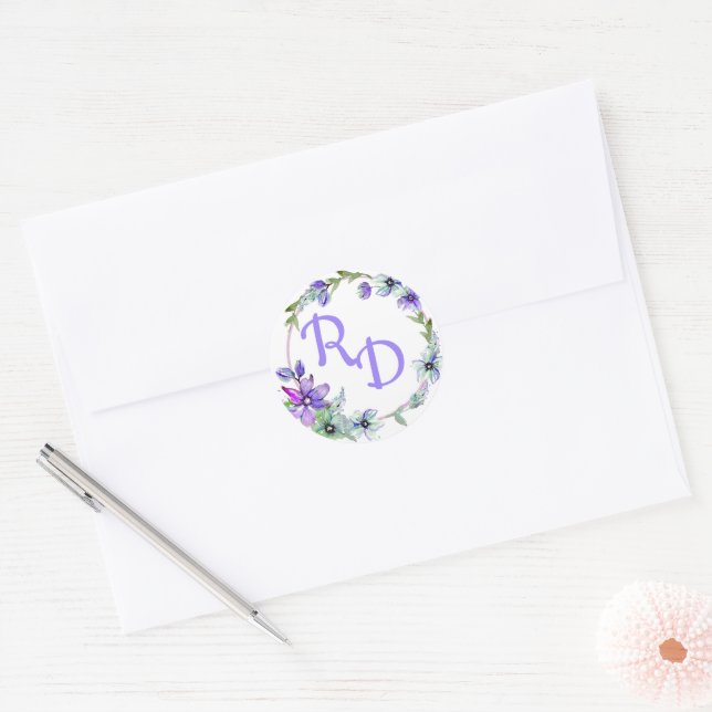Pretty Floral Wreath Monogrammed Wedding  Classic Round Sticker (Envelope)