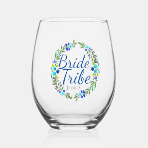 Pretty Floral Wreath Personalised Bride Tribe Stemless Wine Glass