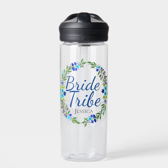 Pretty Floral Wreath Personalised Bride Tribe Water Bottle (Front)