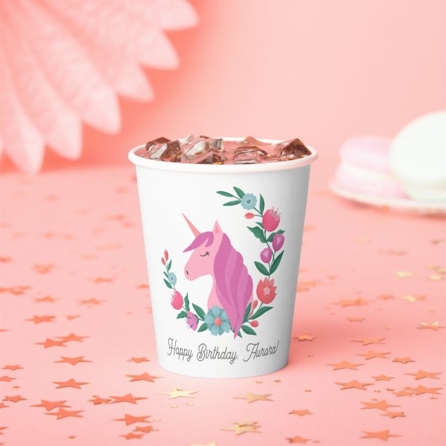 Pretty Floral Wreath Unicorn Name  Paper Cups (Insitu)