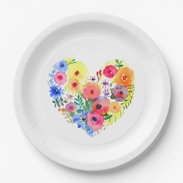 Pretty Floral Wreath Watercolor Art Paper Plate (Front)