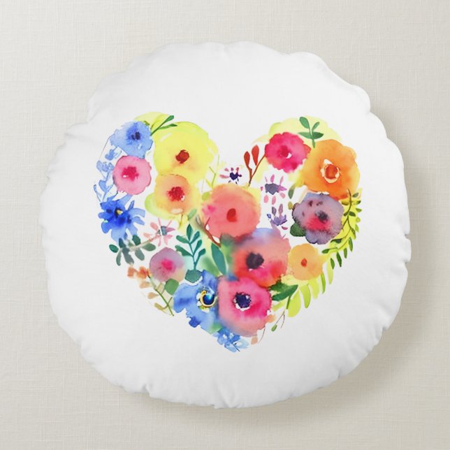 Pretty Floral Wreath Watercolor Art Round Cushion (Front)