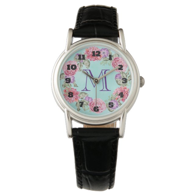 Pretty Floral Wreath Watercolor Flowers Monogram Watch (Front)