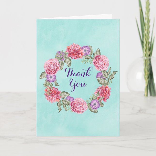 Pretty Floral Wreath Watercolor Flowers Thank You (Front)