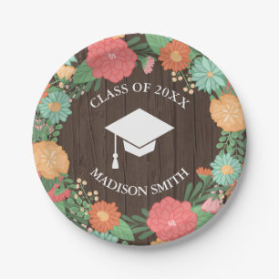 Pretty Floral Wreath & Wood Grain Graduation Paper Plate