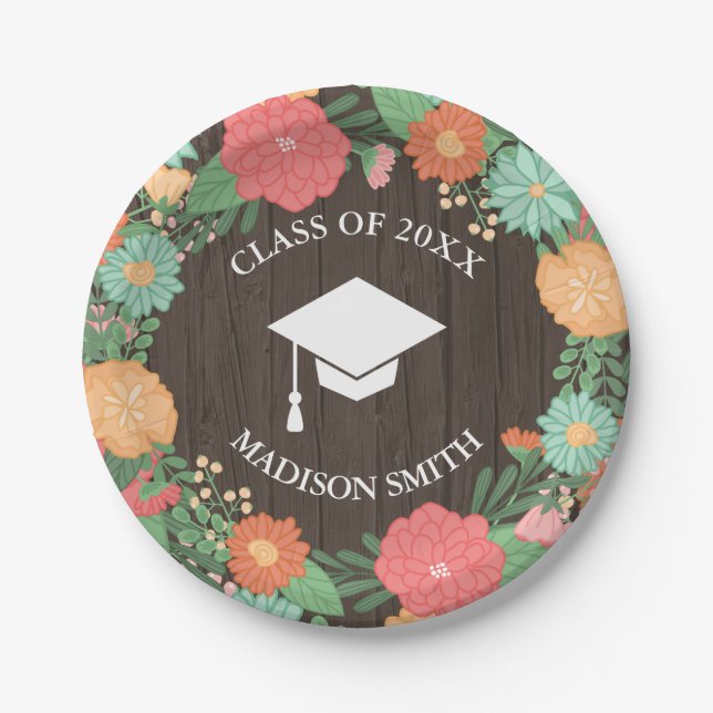 Pretty Floral Wreath & Wood Grain Graduation Paper Plate (Front)