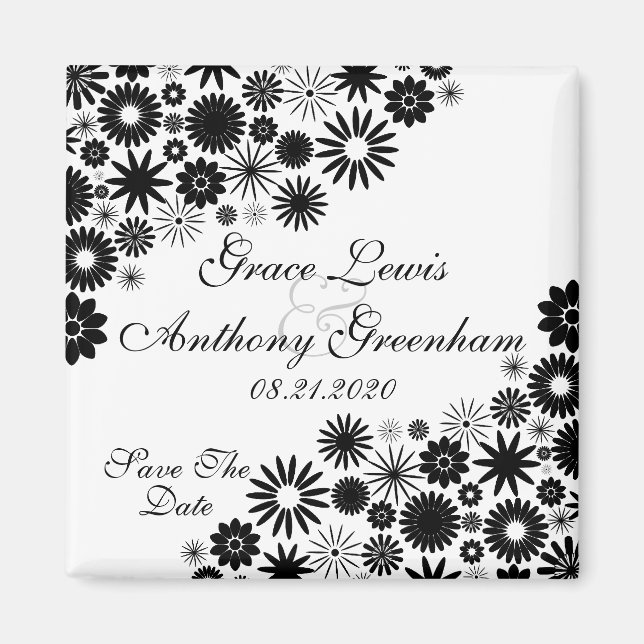 Pretty Florals Black Save The Date Magnet (Front)