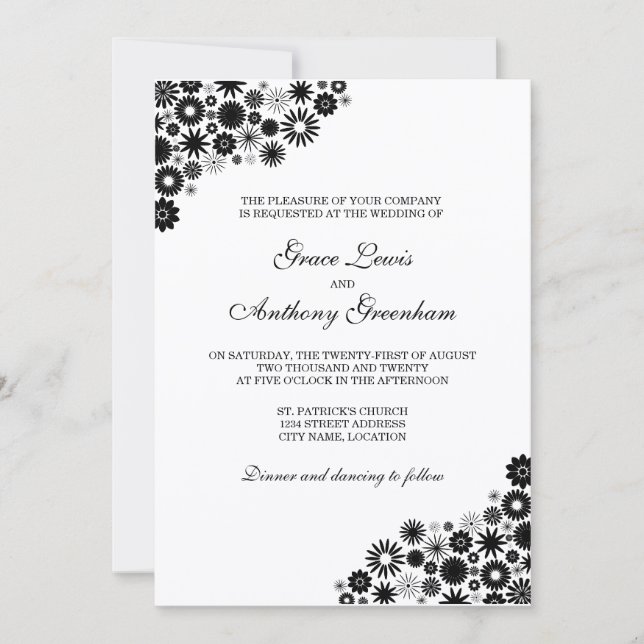 Pretty Florals Black Wedding Invitation (Front)
