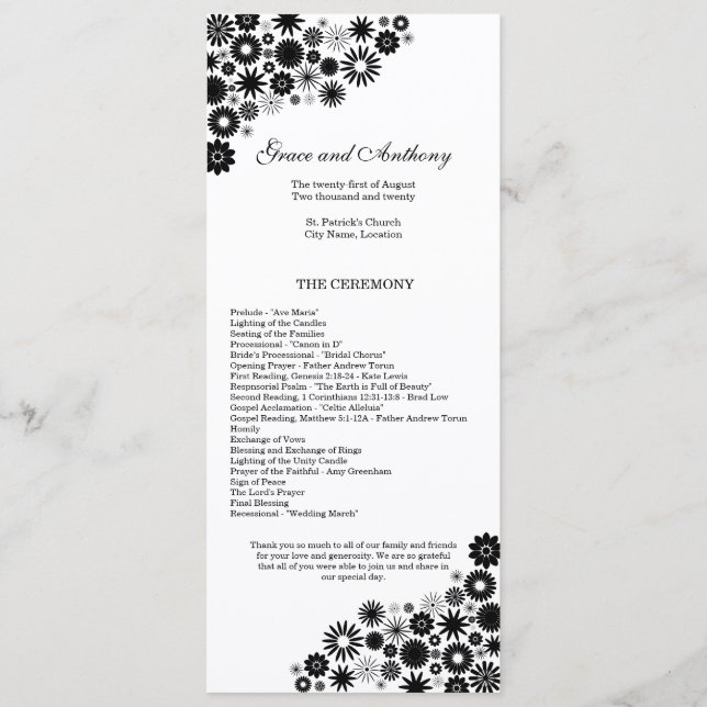 Pretty Florals Black Wedding Program Programme (Back)