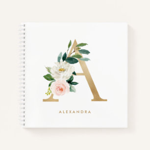 Pretty Florals Faux Gold Foil Letter A Monogram Notebook