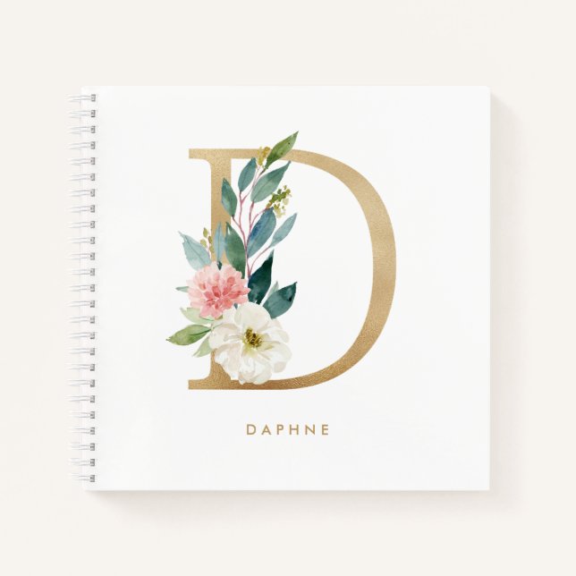 Pretty Florals Faux Gold Foil Letter D Monogram Notebook (Front)