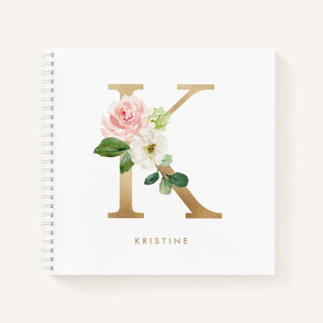 Pretty Florals Faux Gold Foil Letter K Monogram Notebook (Front)