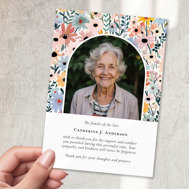 Pretty Florals Photo Sympathy Funeral Memorial Thank You Card (Creator Uploaded)