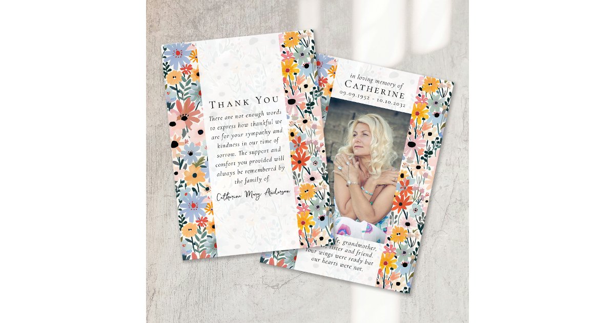 Pretty Florals Photo Sympathy Funeral Memorial Thank You Card | Zazzle