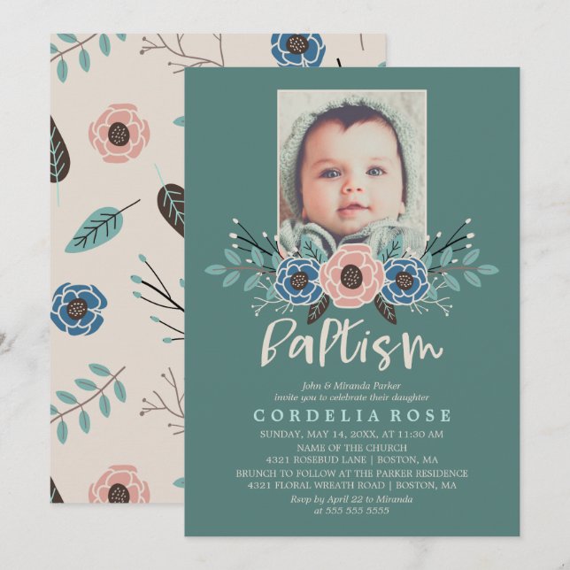 Pretty Florals | Pink & Green Baptism Photo Invitation (Front/Back)