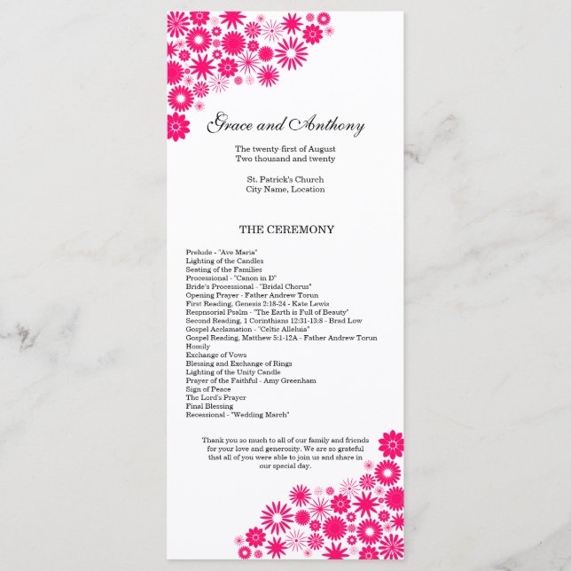 Pretty Florals Vibrant Pink Wedding Program Programme (Back)
