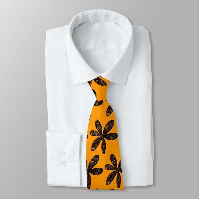Pretty Flower - Black on Light Orange Tie (Tied)