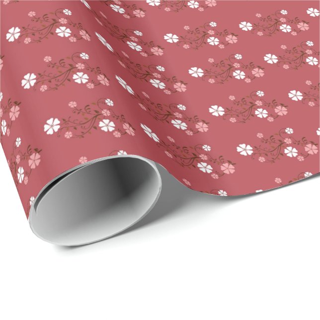 Pretty Flower Blossom Pattern Burgundy Wrapping Paper (Roll Corner)