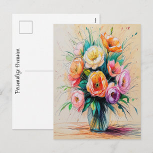 Pretty Flower Bouquet Art Colour Pencils Drawing Holiday Postcard