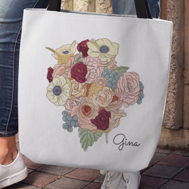 Pretty Flower Bouquet Crossbody Tote Bag (Wildflower and rose bouquet customizable name tote bag)