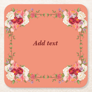 Pretty Flower Frame Template, Customisable, Square Paper Coaster
