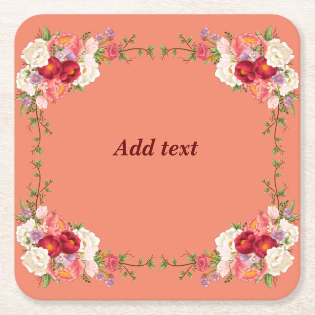 Pretty Flower Frame Template, Customisable, Square Paper Coaster (Front)