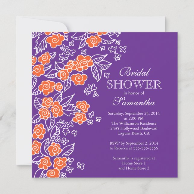 Pretty Flower Modern Purple & Orange Bridal Shower Invitation (Front)