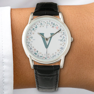 Pretty Flower Wreath Watercolor Botanical Monogram Watch