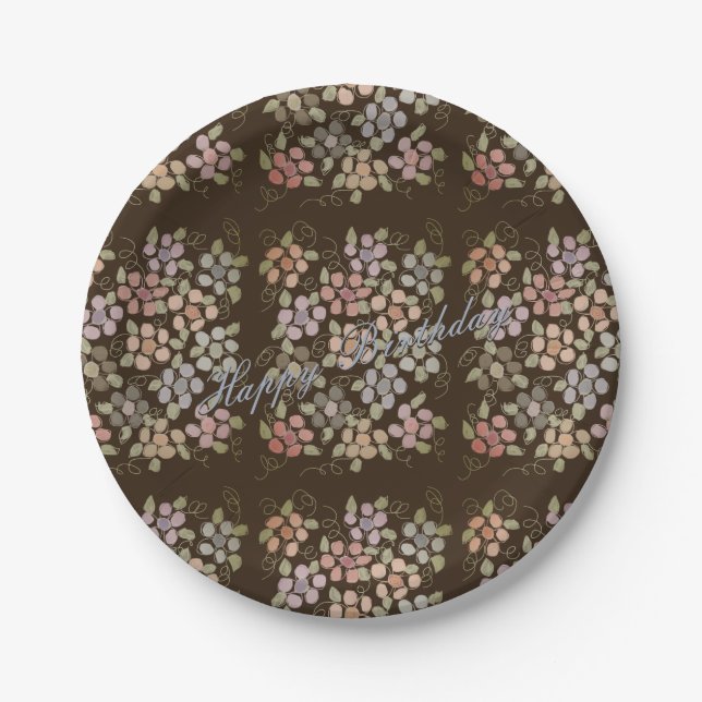 Pretty Flowered Chocolate Brown Birthday Plates (Front)