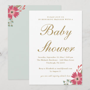 Pretty Flowers and Mint Green Baby Shower Invitation