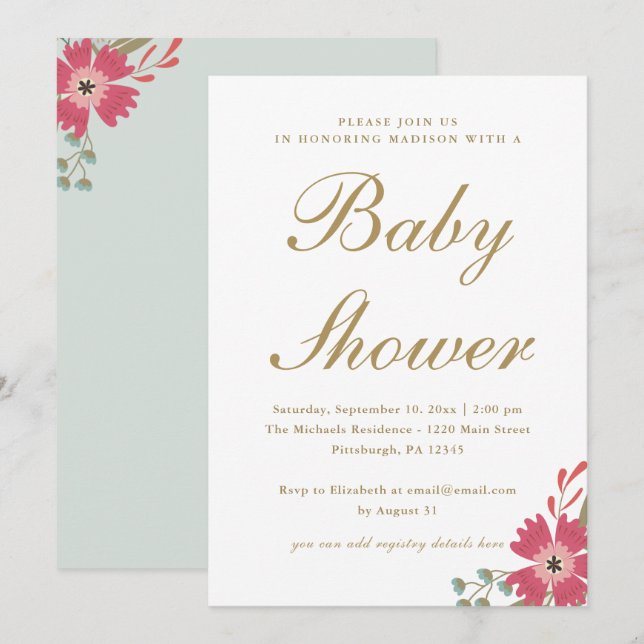 Pretty Flowers and Mint Green Baby Shower Invitation (Front/Back)