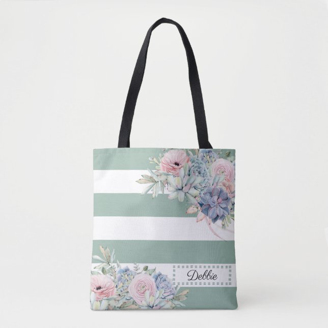 Pretty Flowers And Sage Green Stripes Tote Bag (Front)
