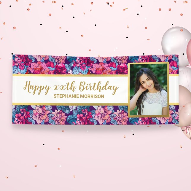 Pretty Flowers,  Any Age, Custom Photo Birthday Banner (Creator Uploaded)