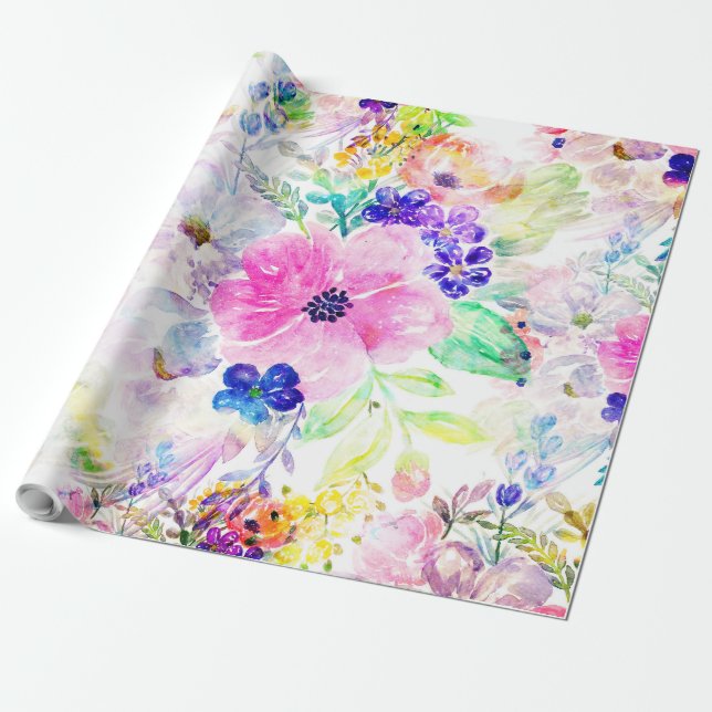 Pretty Flowers Boho Floral Watercolor Design Wrapping Paper (Unrolled)