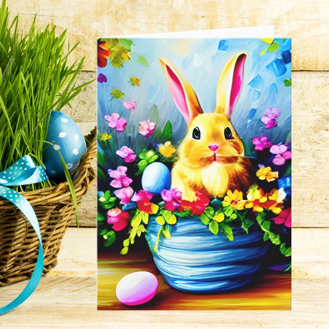 Pretty Flowers, Bunny Rabbit and Easter Eggs Holiday Card (Creator Uploaded)