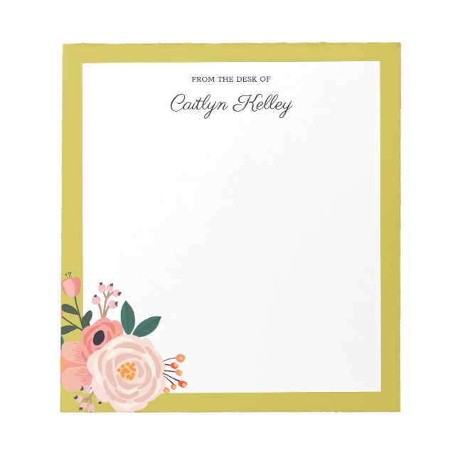 Pretty Flowers, Gold From the Desk of Personalised Notepad (Front)